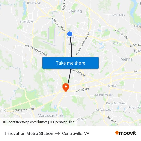 Innovation Metro Station to Centreville, VA map