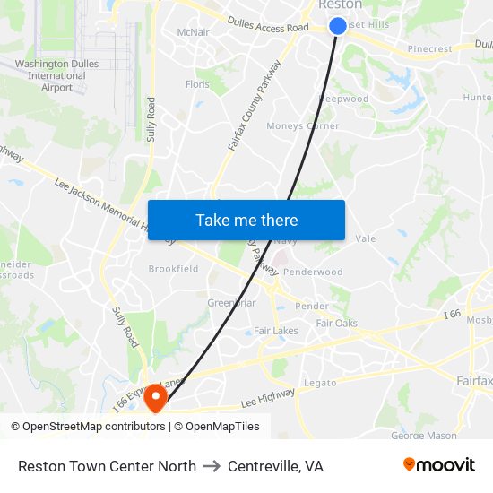 Reston Town Center North to Centreville, VA map