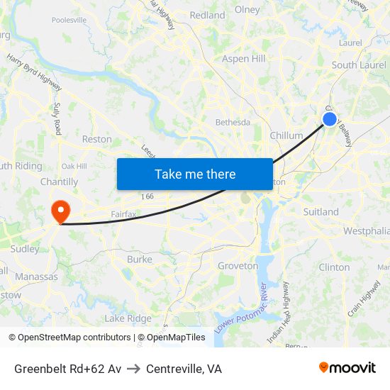 Greenbelt Rd+62 Av to Centreville, VA map