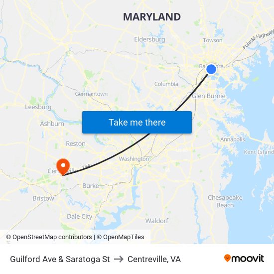 Guilford Ave & Saratoga St to Centreville, VA map