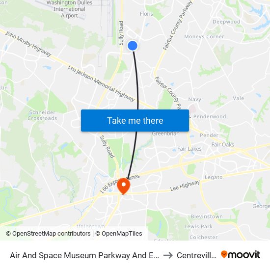 Air And Space Museum Parkway And Endeavor Drive to Centreville, VA map