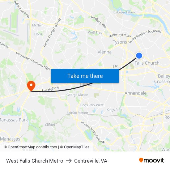 West Falls Church Metro to Centreville, VA map