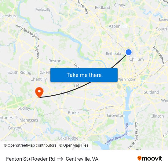 Fenton St+Roeder Rd to Centreville, VA map