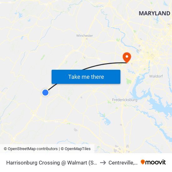 Harrisonburg Crossing @ Walmart (Shelter) to Centreville, VA map