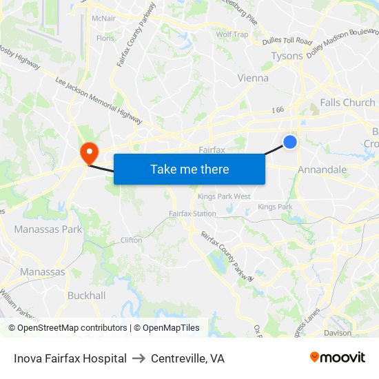 Inova Fairfax Hospital to Centreville, VA map