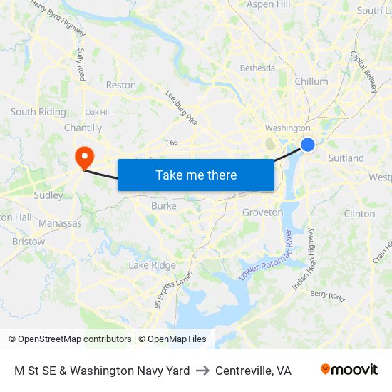 M St SE & Washington Navy Yard to Centreville, VA map