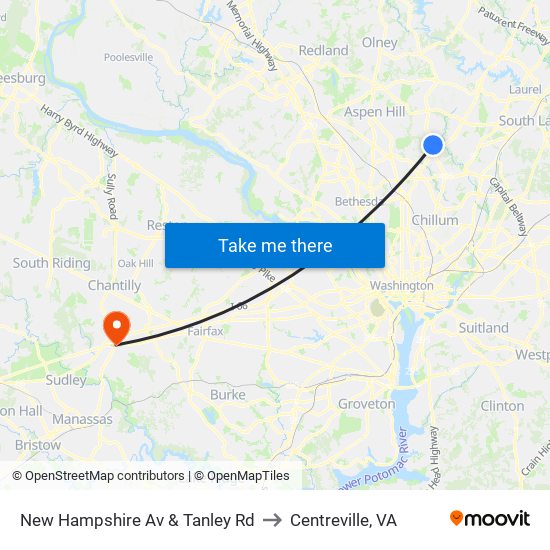New Hampshire Av & Tanley Rd to Centreville, VA map