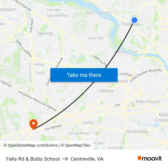Falls Rd & Bullis School to Centreville, VA map