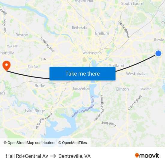 Hall Rd+Central Av to Centreville, VA map