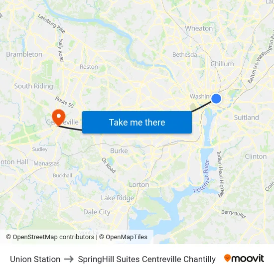 Union Station to SpringHill Suites Centreville Chantilly map