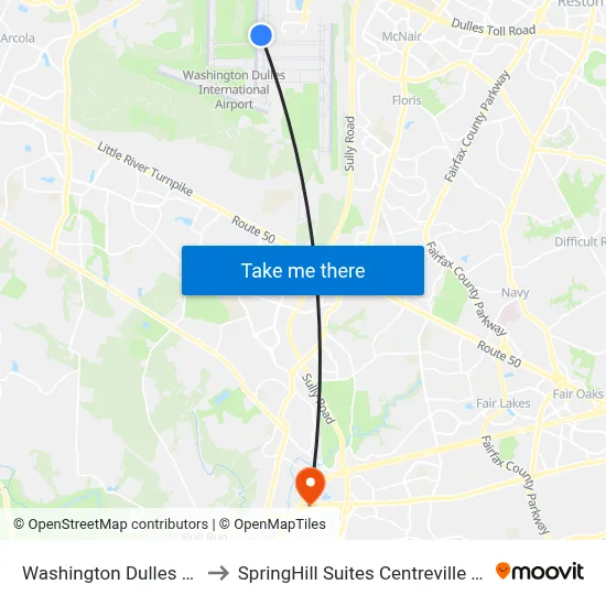 Washington Dulles Airport to SpringHill Suites Centreville Chantilly map