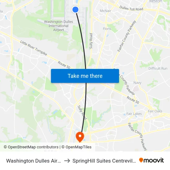 Washington Dulles Airport (IAD) to SpringHill Suites Centreville Chantilly map