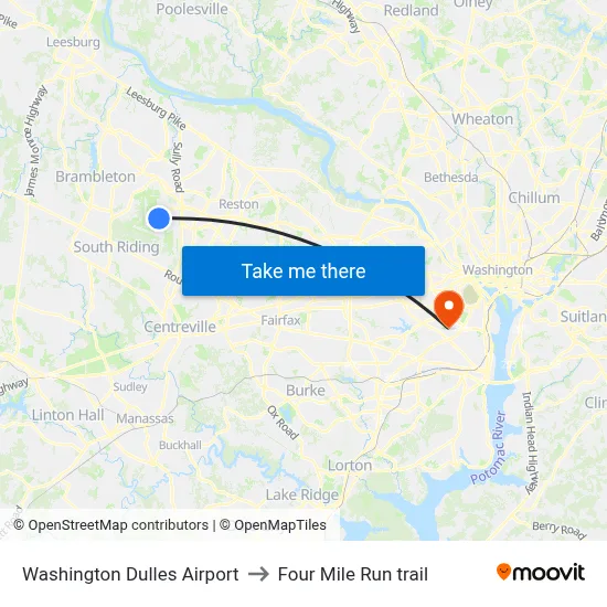 Washington Dulles Airport to Four Mile Run trail map