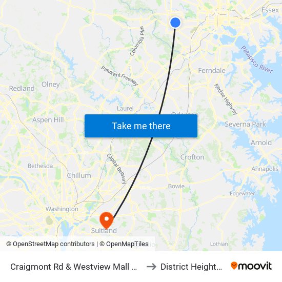 Craigmont Rd & Westview Mall Opp Wb to District Heights MD map