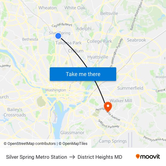 Silver Spring Metro Station to District Heights MD map
