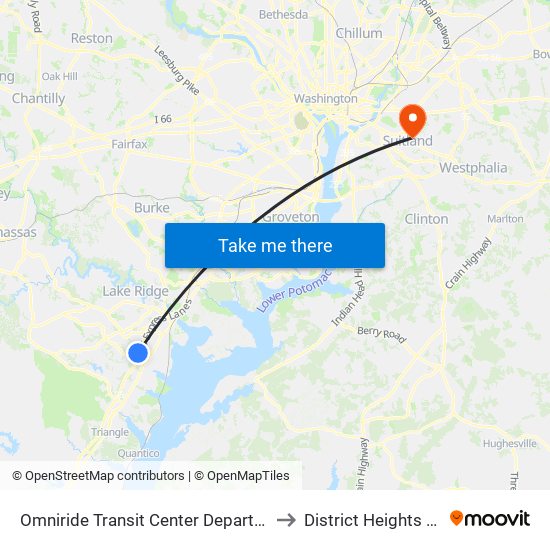 Omniride Transit Center Departures to District Heights MD map