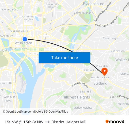 I St NW @ 15th St NW to District Heights MD map