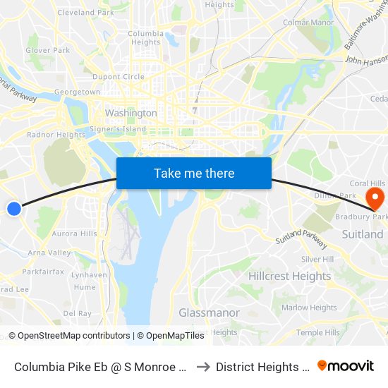 Columbia Pike Eb @ S Monroe St FS to District Heights MD map