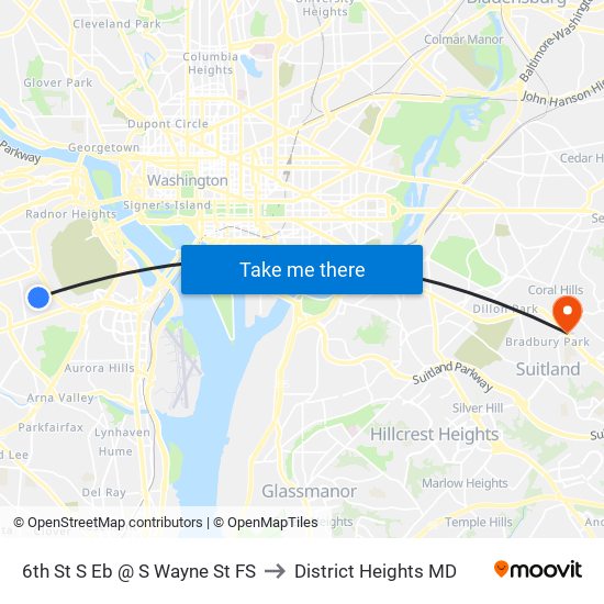 6th St S Eb @ S Wayne St FS to District Heights MD map