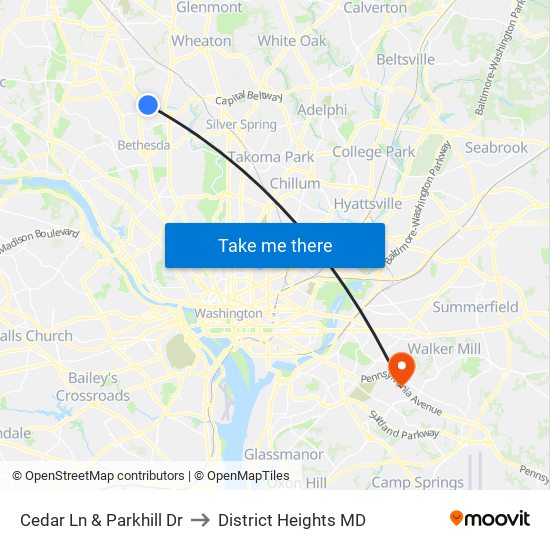 Cedar Ln & Parkhill Dr to District Heights MD map