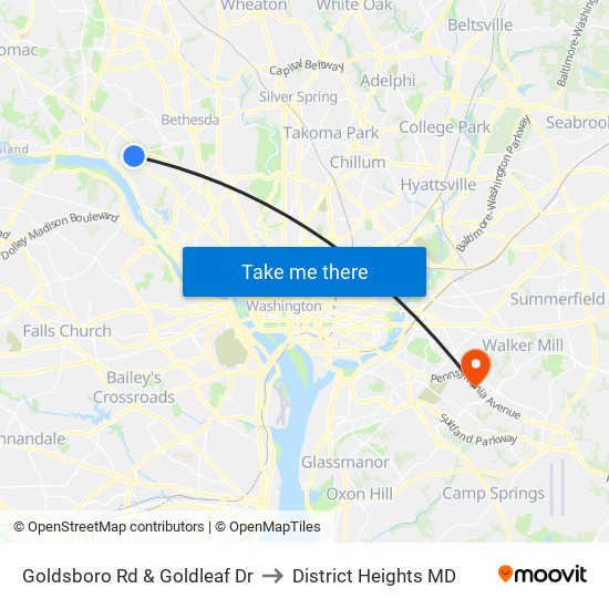 Goldsboro Rd & Goldleaf Dr to District Heights MD map