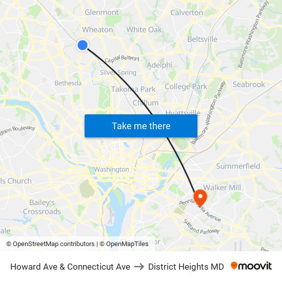 Howard Ave & Connecticut Ave to District Heights MD map
