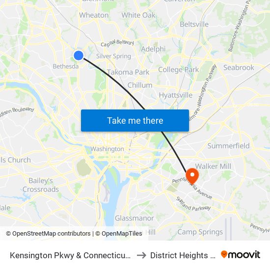 Kensington Pkwy & Connecticut Ave to District Heights MD map