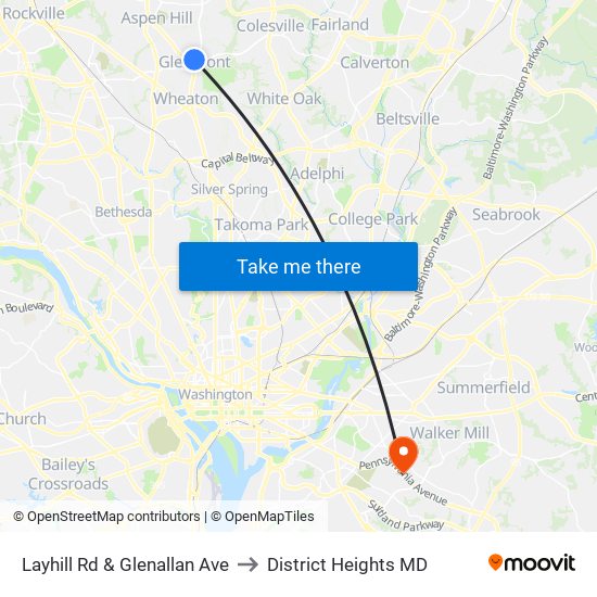 Layhill Rd & Glenallan Ave to District Heights MD map