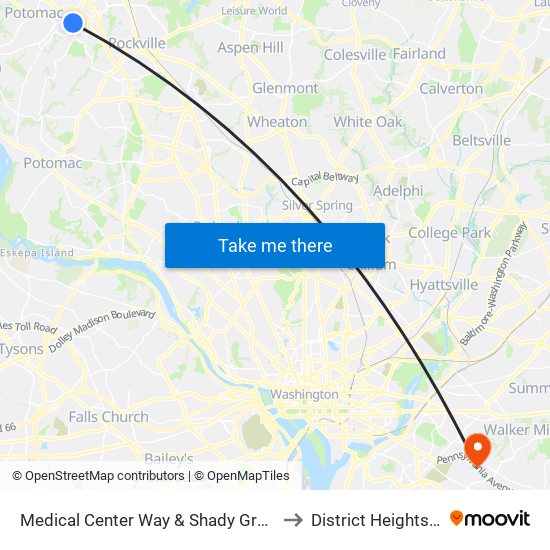 Medical Center Way & Shady Grove Rd to District Heights MD map