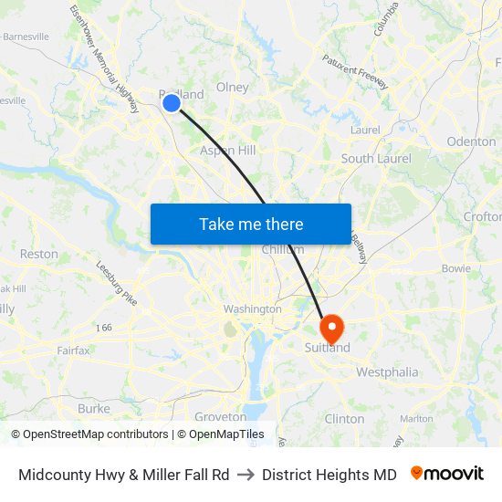 Midcounty Hwy & Miller Fall Rd to District Heights MD map