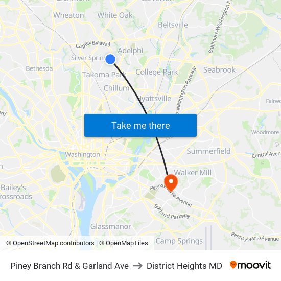 Piney Branch Rd & Garland Ave to District Heights MD map