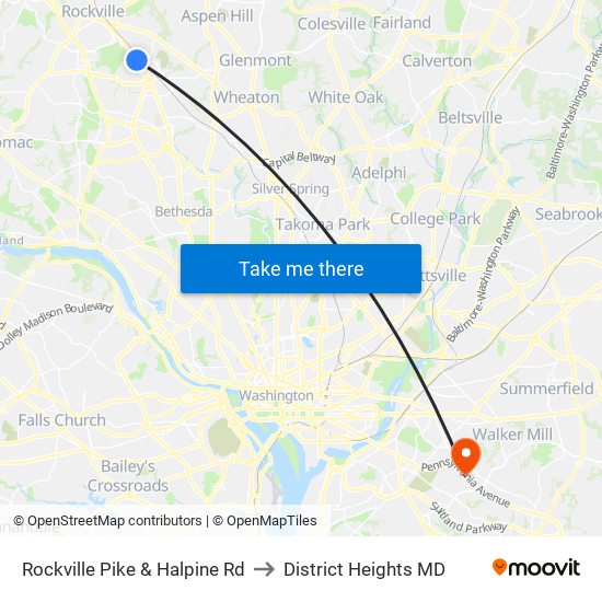 Rockville Pike & Halpine Rd to District Heights MD map