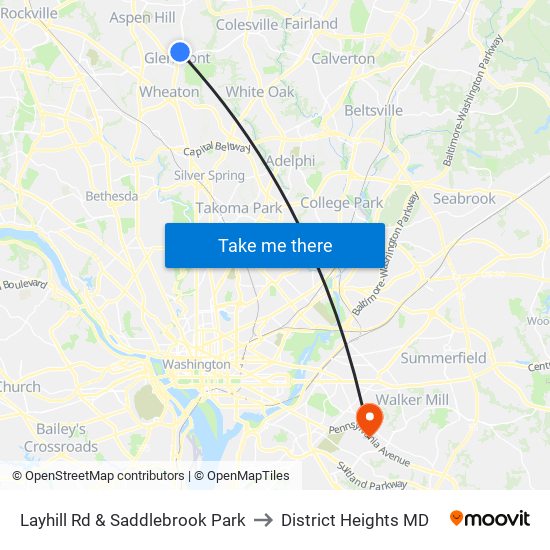 Layhill Rd & Saddlebrook Park to District Heights MD map