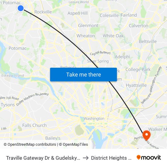 Traville Gateway Dr & Gudelsky Dr to District Heights MD map