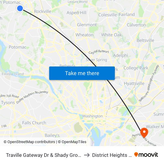 Traville Gateway Dr & Shady Grove Rd to District Heights MD map