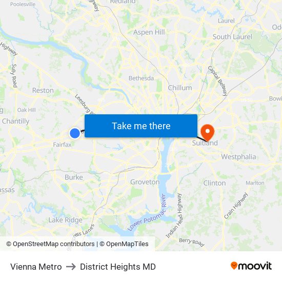 Vienna Metro to District Heights MD map