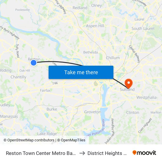 Reston Town Center Metro Bay L to District Heights MD map