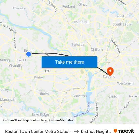 Reston Town Center Metro Station S Bay B to District Heights MD map