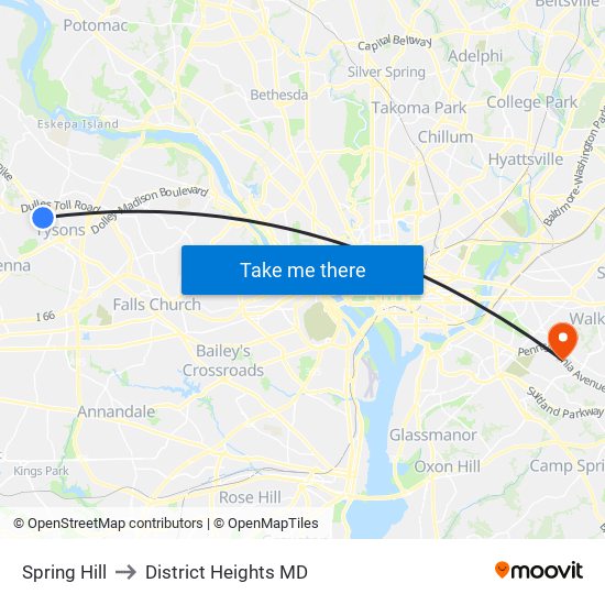 Spring Hill to District Heights MD map