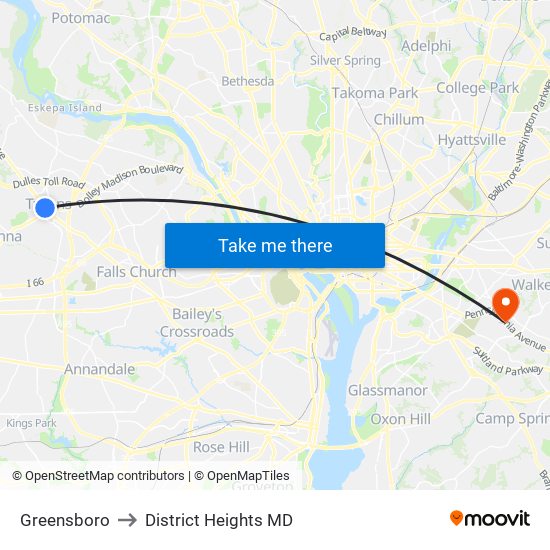 Greensboro to District Heights MD map