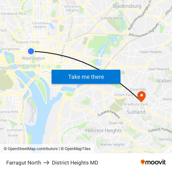 Farragut North to District Heights MD map