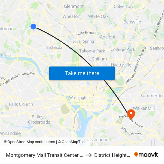 Montgomery Mall Transit Center & Bay E to District Heights MD map