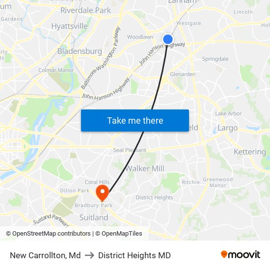 New Carrollton, Md to District Heights MD map