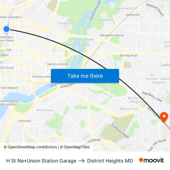 H St Ne+Union Station Garage to District Heights MD map