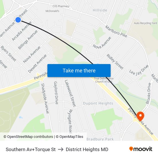 Southern Av+Torque St to District Heights MD map