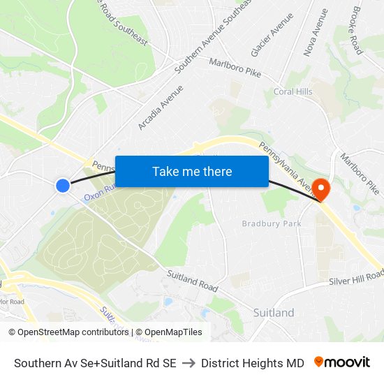 Southern Av Se+Suitland Rd SE to District Heights MD map
