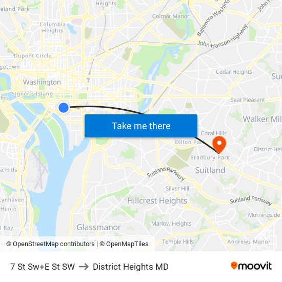 7 St Sw+E St SW to District Heights MD map