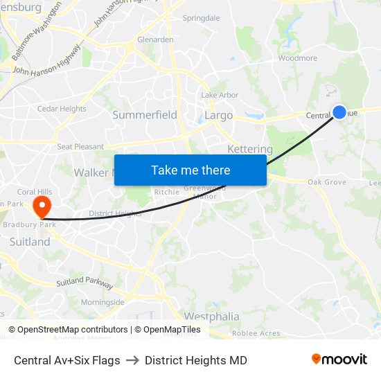 Central Av+Six Flags to District Heights MD map