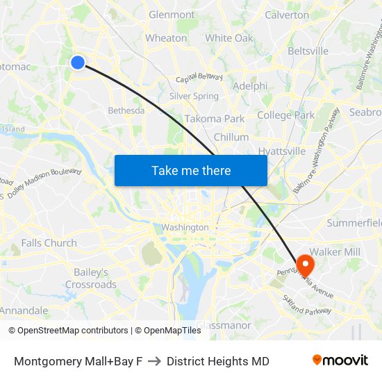 Montgomery Mall+Bay F to District Heights MD map