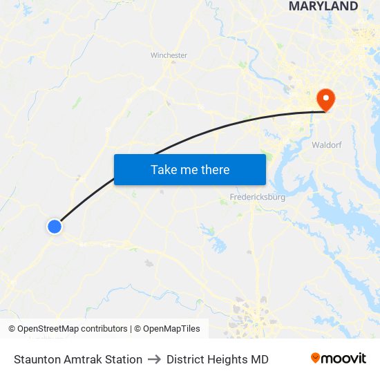 Staunton Amtrak Station to District Heights MD map